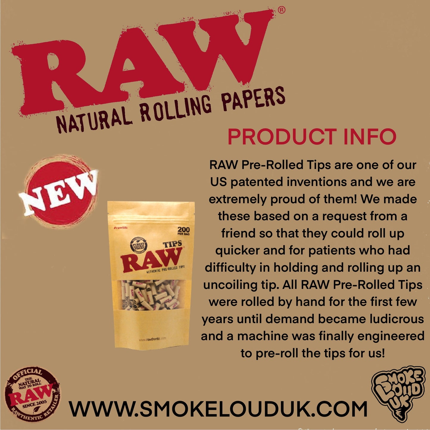 RAW Prerolled Tips - 200 RAW Natural Unrefined Pre-rolled Tips Per Bag