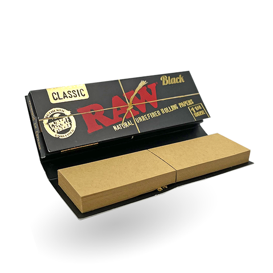 raw black 1 1 4 size papers with filter tips 50 leaves pack open view uae