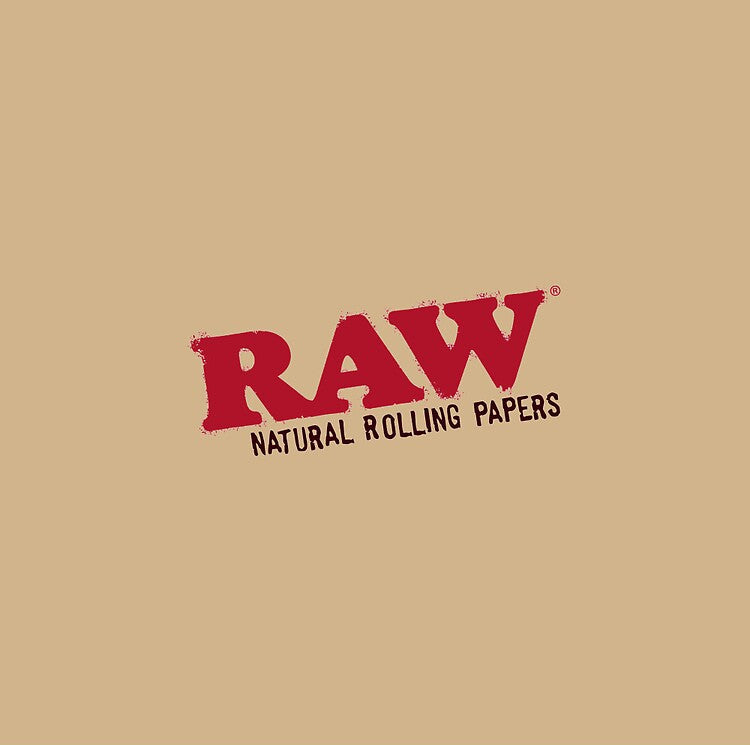 RAW natural rolling papers packaging with red text on beige background